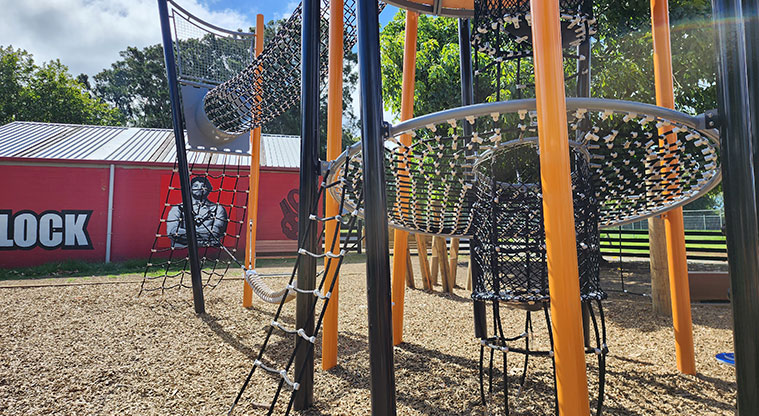 Ngāti Ōtara Park - A section of the climbing nets, ladders and tunnels on the large climbing tower.