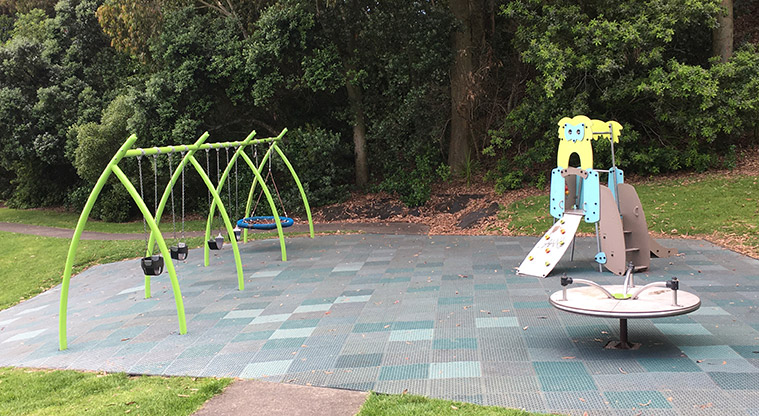Nixon Park - Junior play area with play module, spinning wheel, and a set of five swings (including an accessible basket swing). Photo credit: S Hulse