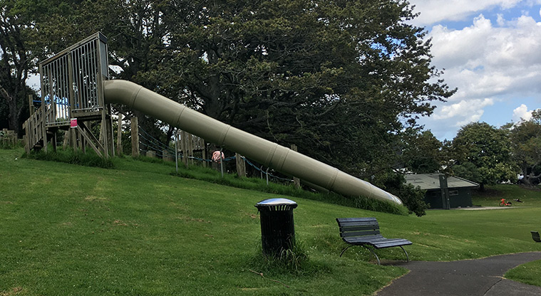 Nixon Park - Long slide running down the hill with a rubbish bin and seat in the foreground. Photo credit: S Hulse