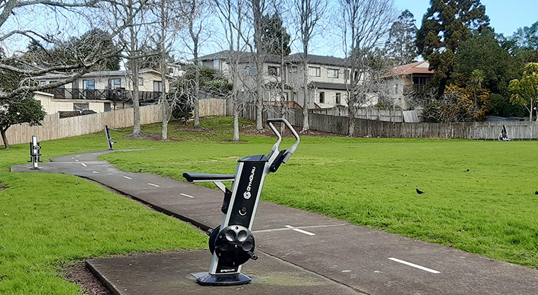 Normanton Reserve - Path around the park with fitness equipment along the edge. Photo credit: S Hulse.
