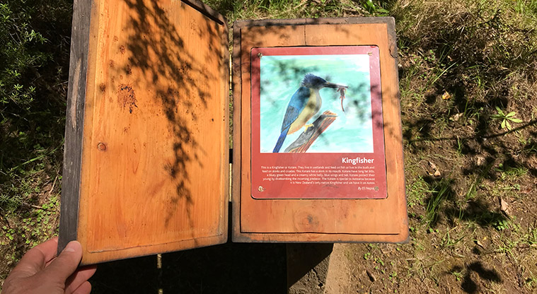 Okiwi Park - Wooden book telling the story about the kōtare / kingfisher.