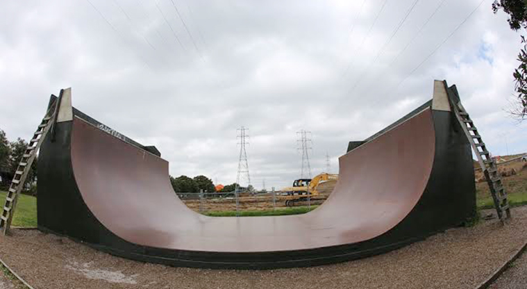 Onehunga Bay Reserve - Wooden half-pipe with a wooden ladder at each end. Photo credit: J Farnworth