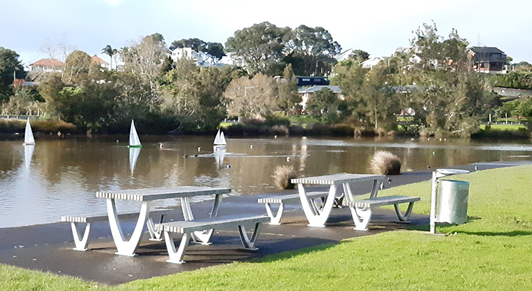 Onepoto Domain - Two picnic tables and a rubbish bin on the edge of the lake.