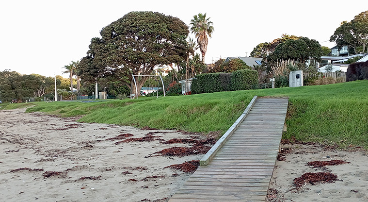 Oneroa Beach Reserve - Ramp leading from the beach up to the swings on the berm. Photo credit: K Sumner.