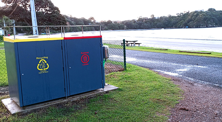 Oneroa Beach Reserve - Large blue bins for recycling and rubbish disposal. Photo credit: K Sumner.