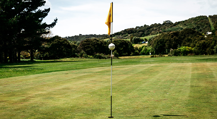 Onetangi Sports Park - Section of the golf course with one flag. and surrounded by trees.