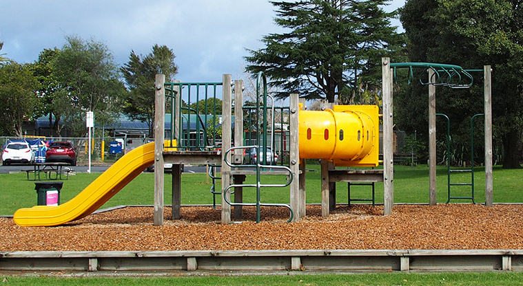 Opanuku Reserve - Playground with climbing equipment, a tunnel and slide, and the car park in the background. Photo credit: Tracey Hodder.