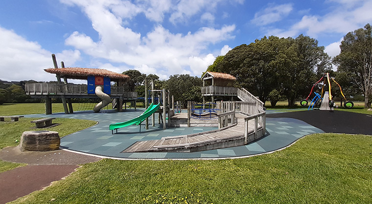 Ōrākei Domain - The playground with play huts and a rocktopus.