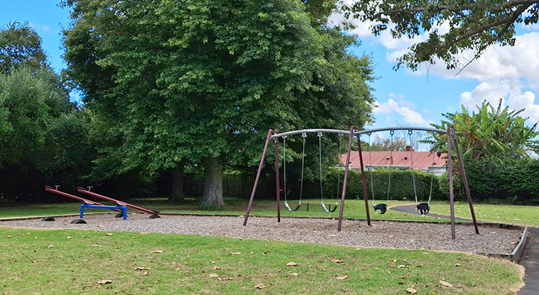 Orchard Reserve - The seesaw and swing set sitting on a raised bark surface with trees in the background. Photo credit: T Hodder.