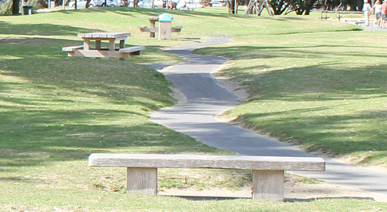 Ōrewa Domain - Path through the reserve with picnic tables and seating along the edge. Photo credit: M Loubser.