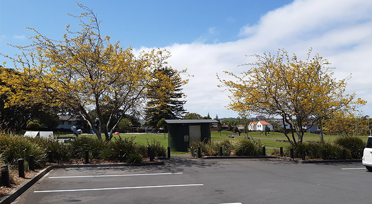 Owairaka Park - Section of the car park with the toilet and open space in the background.