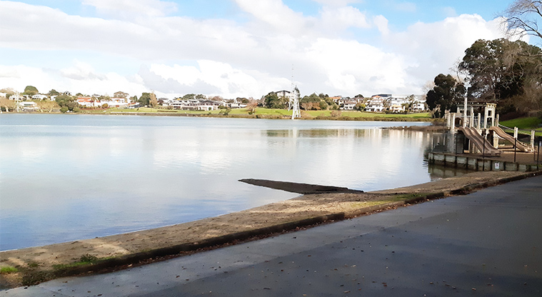 Panmure Basin - View of the basin and one of the three playgrounds.