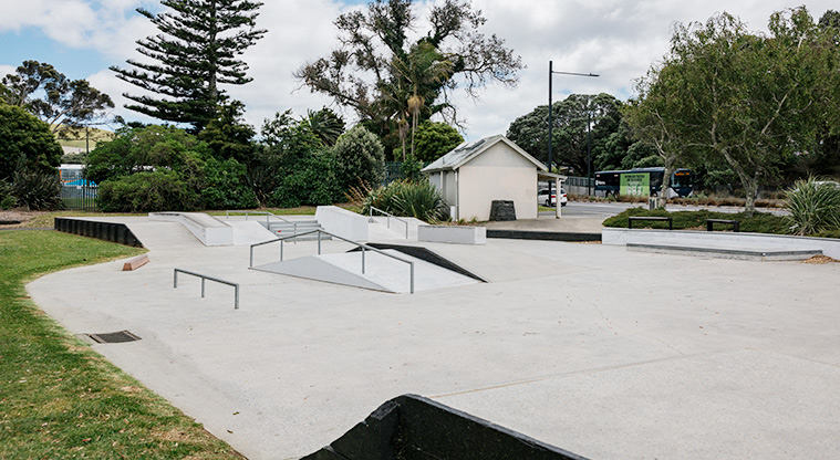 Panmure Basin - Skate park and toilet block at the Lagoon Drive end of the basin. Photo credit: J Farnworth.
