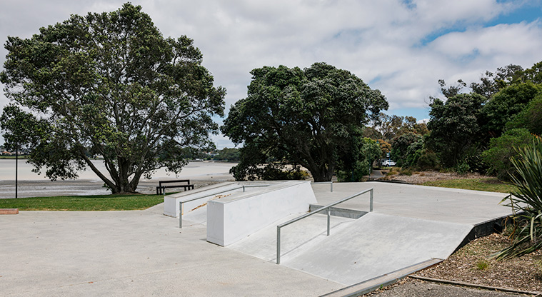 Panmure Basin - Section of the skate park with trees in the background. Photo credit: J Farnworth.