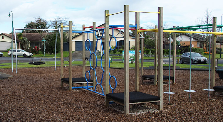 Paremuka Lakeside - Playground with climbing equipment and a bucket swing. Photo credit: Tracey Hodder.