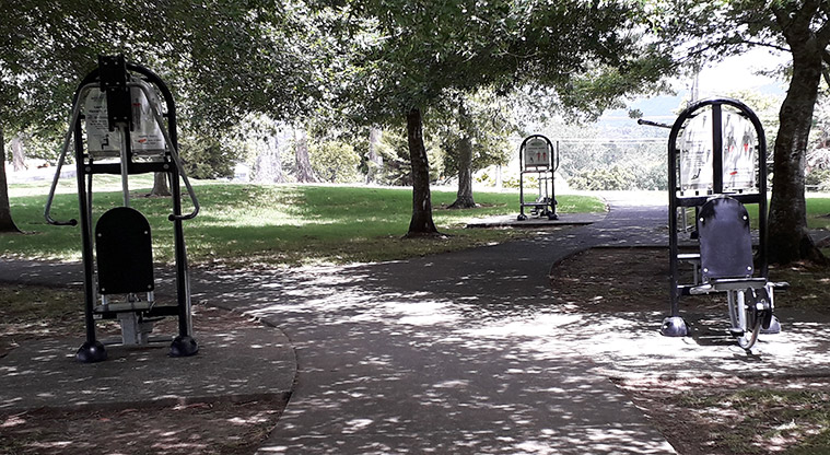Parrs Park - Some of the fitness station equipment under the trees.