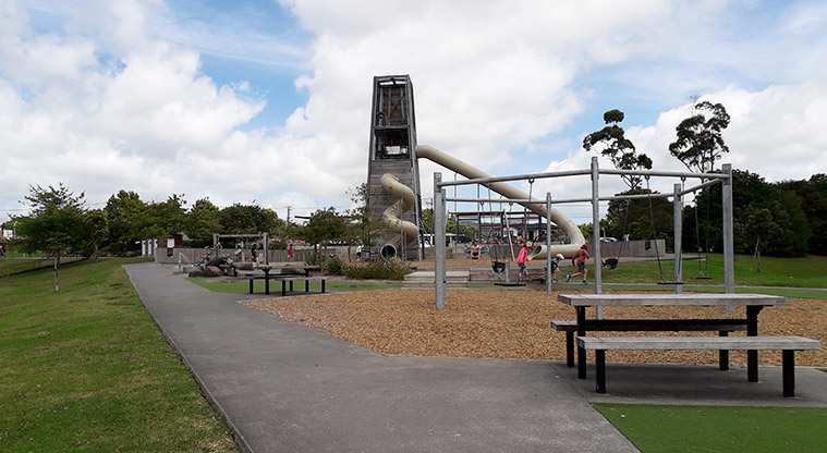 Parrs Park - Playground with a climbing tower, swings, water play and more.