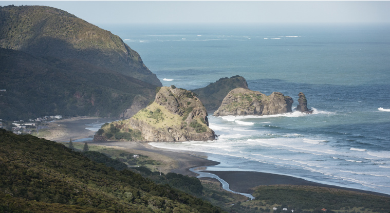 Piha, Waitākere Ranges Regional Park - View of Piha Stream, Lion Rock, Taitomo Island, and the Nun Rock.