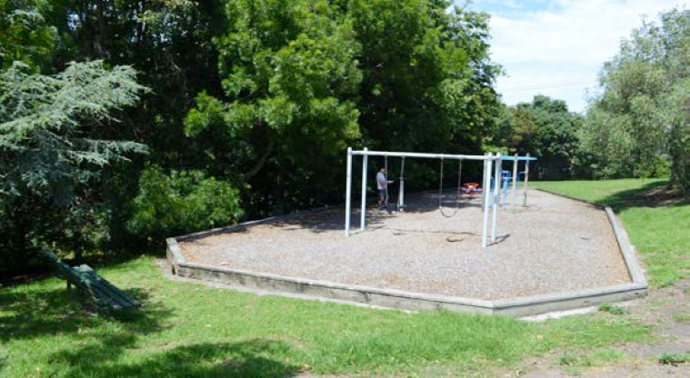 Plymouth Reserve - Playground set alongside mature trees with open grassed space around it.