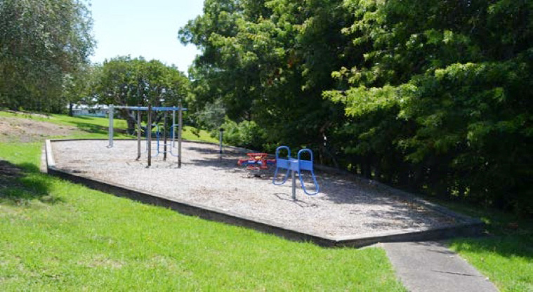 Plymouth Reserve - Playground with a four-seater springer, stand up seesaw, double swing set, monkey bars, and overhead grip spinner.