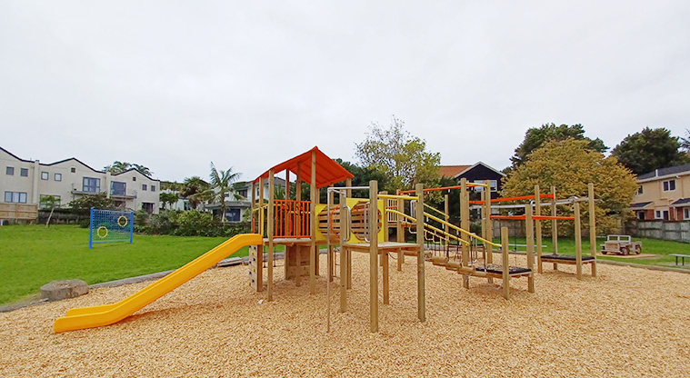 Ponderosa Reserve - Play module with a slide, climbing wall, platform, crawl tunnel, wobbly bridge, monkey bars and more.