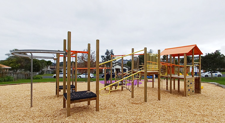 Ponderosa Reserve - Play module with a slide, climbing wall, platform, crawl tunnel, wobbly bridge, monkey bars and more.