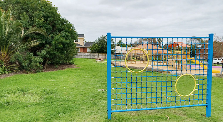 Ponderosa Reserve - The net soccer goal wall with the playground in the background.