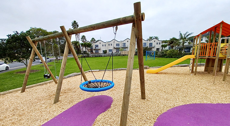 Ponderosa Reserve - Swing set with an accessible basket swing, a bucket swing and a belt swing.