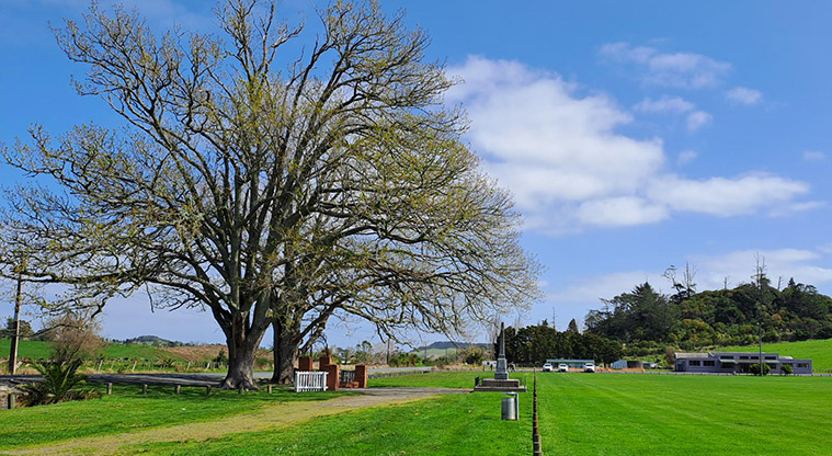 Port Albert Recreation Reserve - Main entrance with the war memorial and part of the sports fields.