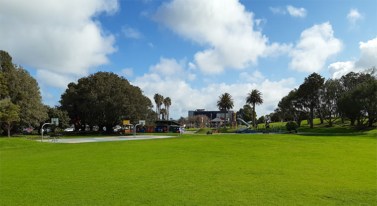 Potters Park - Open field with basketball courts, toilet block, playground and trees in the background.