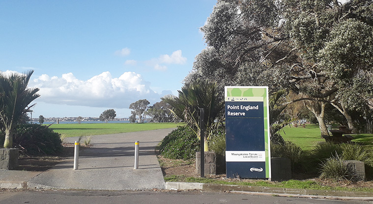Point England Reserve - Sign at the entrance to the reserve.