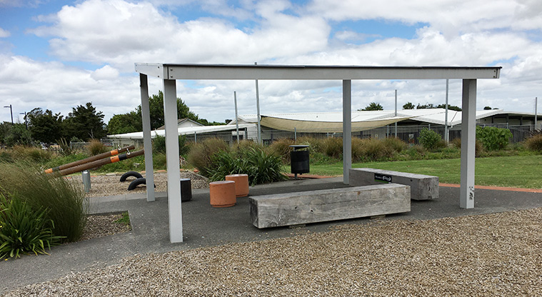 Randwick Park - Sheltered area with seating between the seesaws and main playground area. Photo credit: S Hulse.