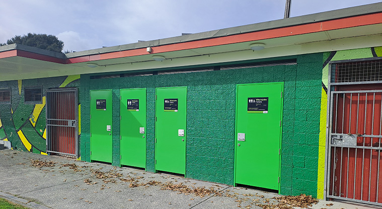 Rānui Domain - Section of the toilets and changing room block showing access to the accessible toilets.