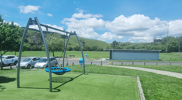 Rautawhiri Park - Accessible basket swing with the toilets and sports fields in the background.