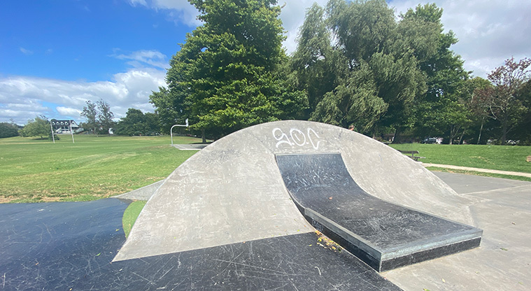 Otaawhati / Ray Small Park - Section of the skate park with a sloped ramp and the sports fields in the background. Photo credit: J Farnworth.