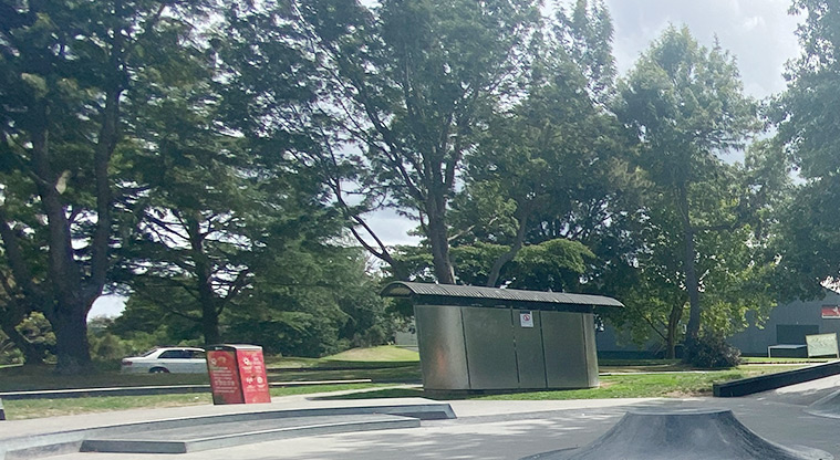 Otaawhati / Ray Small Park - Toilet block with trees in the background. Photo credit: J Farnworth.