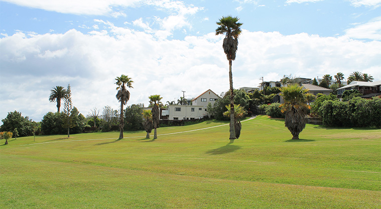 Red Beach Park - Open grassed area with trees. Photo credit: M Loubser.