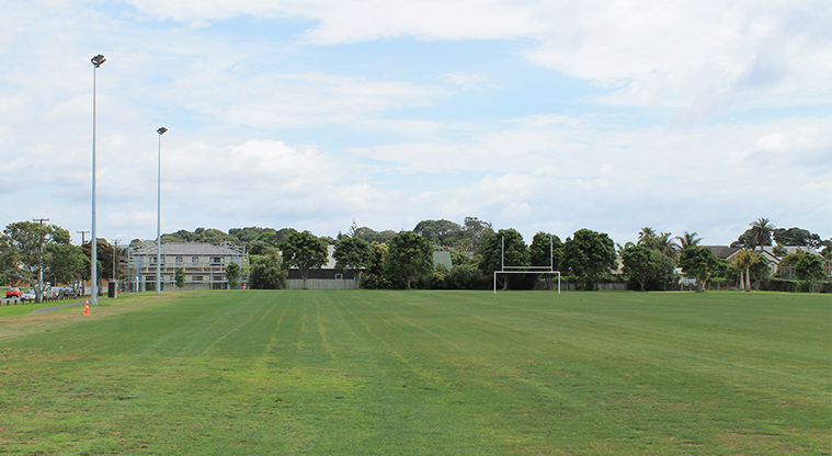 Red Beach Park - Sports field with goal posts and trees in the background. Photo credit: M Loubser.