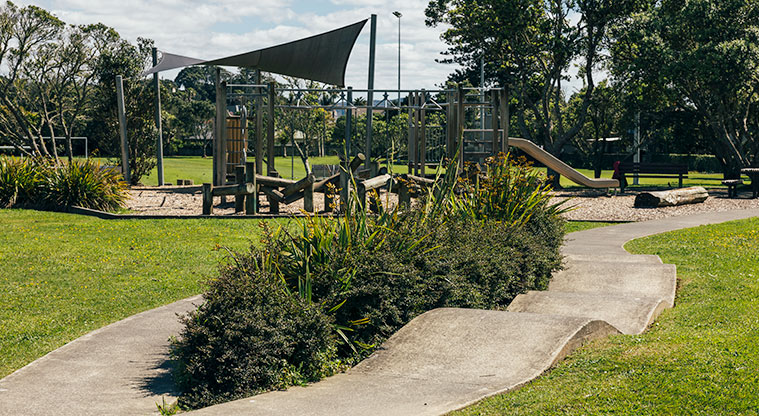 Red Beach Park - Learn-to-ride path for scooters and bikes, with the playground in the background. Photo credit: J Farnworth.
