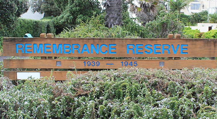 Remembrance Reserve - Sign at the entrance with trees in the background. Photo credit: M Loubser.