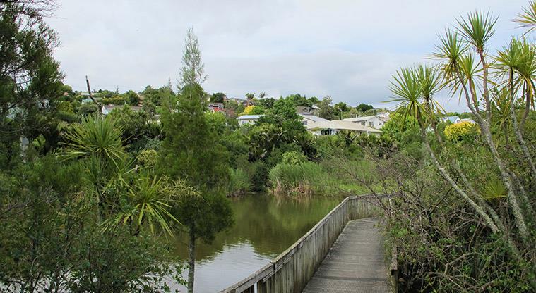 Rewi Alley Reserve - Bridge across stormwater pond.