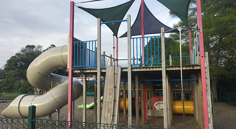 Roberta Reserve - Section of the playground with a covered slide and a climbing wall with a rope.