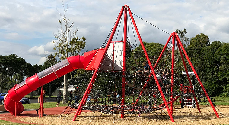 Rosa Birch Park - Double spiderweb climbing towers with covered slide joined to one of the towers.