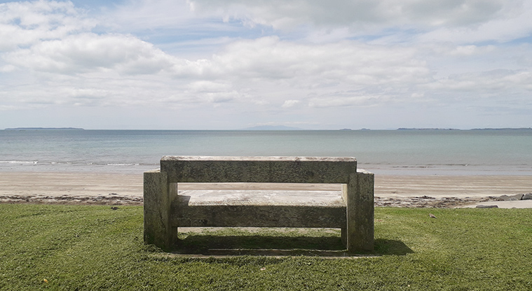 Rothesay Bay Beach Reserve - Large wooden seat overlooking the beach and bay.