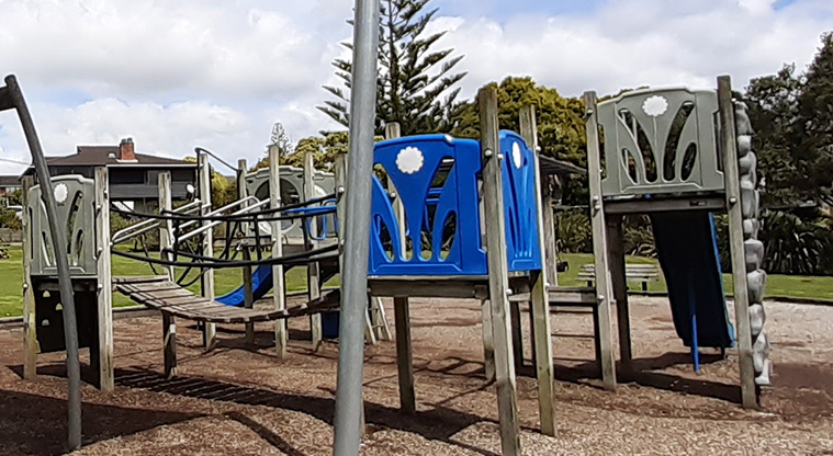 Rothesay Bay Beach Reserve - A section of the play module showing the towers, wobbly bridge and tunnel.
