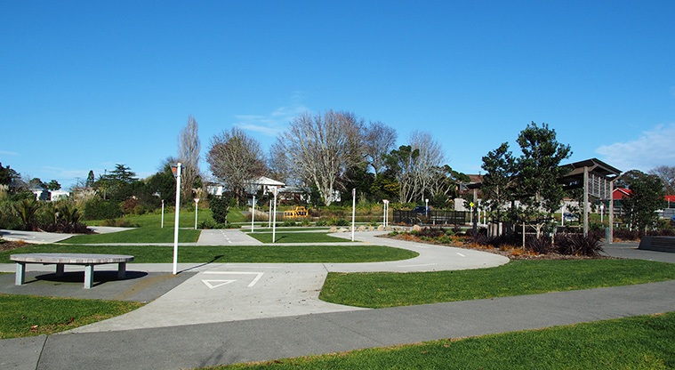 Royal Reserve - Wide "learn to ride" tracks with road markings and Give Way signs. There is also a garden and covered shelter on one side. Photo credit: Tracey Hodder.