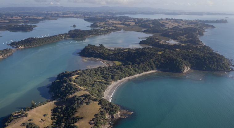 Mahurangi East Regional Park, Sadler Point - Aerial view of Big Bay, looking towards Scott Point.