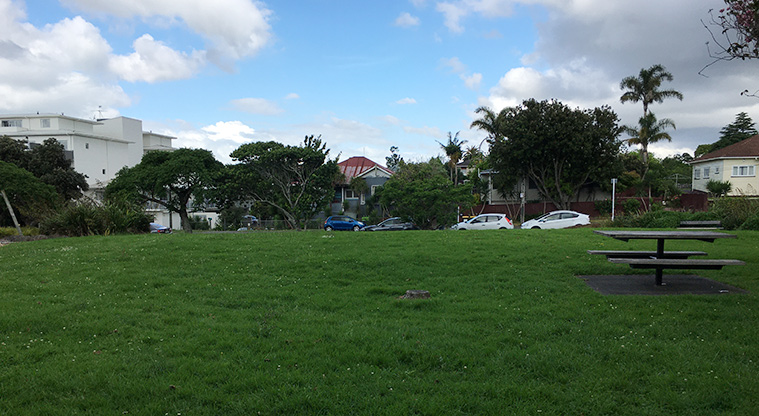 Sainsbury Reserve - Open grassed area with a picnic table, trees and cars in the background. Photo credit: S Hulse.