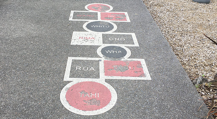 Sainsbury Reserve - Hopscotch game with numbers in Te Reo. Photo credit: S Hulse.
