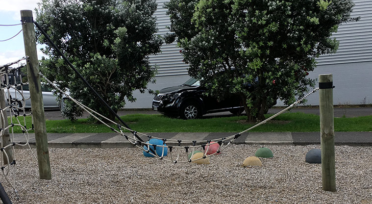 Sainsbury Reserve - Rope sling with coloured balance balls and trees in the background. Photo credit: S Hulse.
